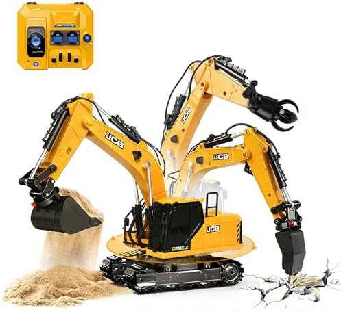 BRRRRT 3-in-1 Remote Control Excavator,14-Channel RC Excavator with Drill Bit, Grab Bucket & Digging Hook, JCB Official Licensed 14-Inch Construction Vehicles with Lights & Sounds for Kids Ages 3+ by BRRRRT