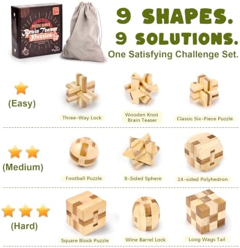 VolksRose 9pcs Wooden Brain Teaser Puzzles, IQ Challenge Puzzle Games, Logic Smart Mind Puzzle Box Lock Toy Removing Assembling 3D Small Puzzle Gift Set for Adults Teenagers Kids, 1.8inch 4.5cm - Image 2