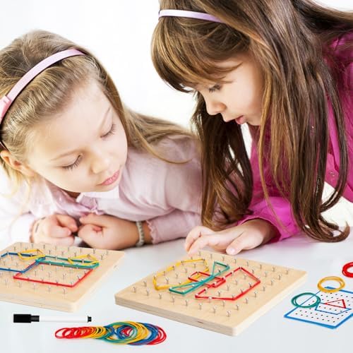 2Pack Wooden Geoboard,Montessori Toy,Graphical Mathematical Education Toy for Kids with Pattern Cards and Rubber Bands to Figures and Shapes, Brain Teaser STEM Toy Geo Board. - Image 6