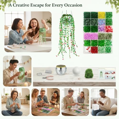 Bead Kit Green Glass Beaded Plant Kits Disco Ball Hanging Planter Gift - Image 7