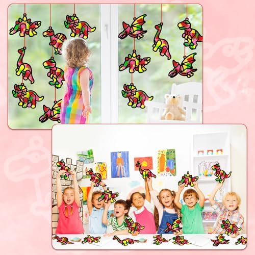 Qyeahkj 36 Set Dinosaur Suncatchers Crafts for DIY Dinosaur Tissue Paper Crafts Window Stained Glass Effect Dino Hanging Decor Home Creative Activity Art Projects Birthday Party Favor Gift - Image 6