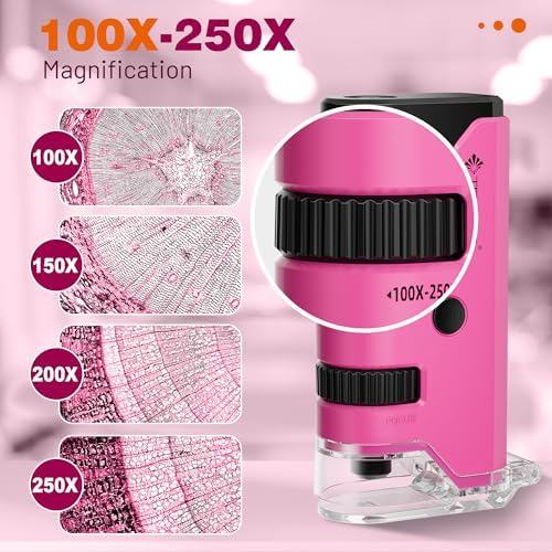 100x-250x Pocket Microscope for Kids Adults, Protable Handheld Miniscope, Mini Microscope Kit for Kids Adults Home School Lab Biology Science Education, Pink - Image 2