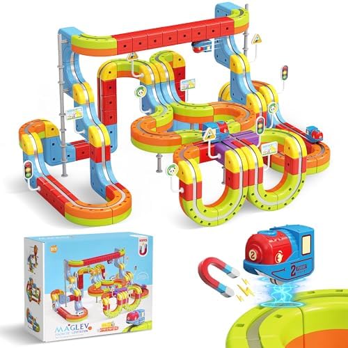Electric Train Set for Kids, 141 Pieces (92 Tracks + 2 Cars) Magnetic Train Set for Toddlers, STEM Toys Birthday Gifts for Aged 3-12, 3D Cube Track Kits with Anti-Gravity Design for Boys Girls by Lukxi
