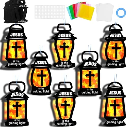 QOUBAI 32 Set Christian Suncatchers Crafts Kits Jesus is The Guiding Light DIY Religious Window Stained Glass Hanging Ornament Easter Holiday VBS Paper Craft Holy Night Lent Sunday School Activities by QOUBAI