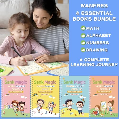 Magic grooved writing practice book set|18-in-1(4 grooved books, 2pens, 2 grip corrector, 10 disappearing ink refill), Grooved handwriting practice for kids|Grooved writing books for kids 3-5. - Image 2