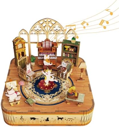 Tonecheer Wooden Music Box Puzzle for Adults,DIY Rotating Music Box Kit 3D Creative Musical Puzzle Crafts Model Building Kits Desk Decor for Teens Kids Birthday Gift (Cats Family) by Tonecheer