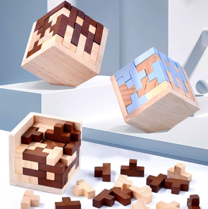Wooden Brain Teaser Puzzle Cube Easter Basket Stuffers Wooden Puzzles T-Shaped Jigsaw Logic Puzzle Educational Toy for Kids and Adults by AHYUAN (Brown and Natural)