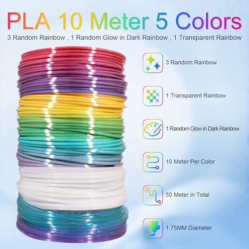 MIKA3D 5 Colors 3D Printing Pen Filament Refill, Each 10m, One Glowing in Dark PLA, One Clear Rainbow, 3 Different Color Silk Rainbow PLA, Total 50m 3D Printer Filament Sample Pack - Image 3