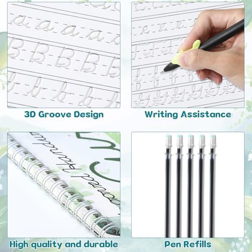 chiazllta Grooved Cursive Handwriting Workbook with Disappearing Ink Pens Magic Reusable Grooved Cursive Writing Practice for Beginners Kids Kickoff Student Workbook Homeschooling Supplies (Letters) - Image 3