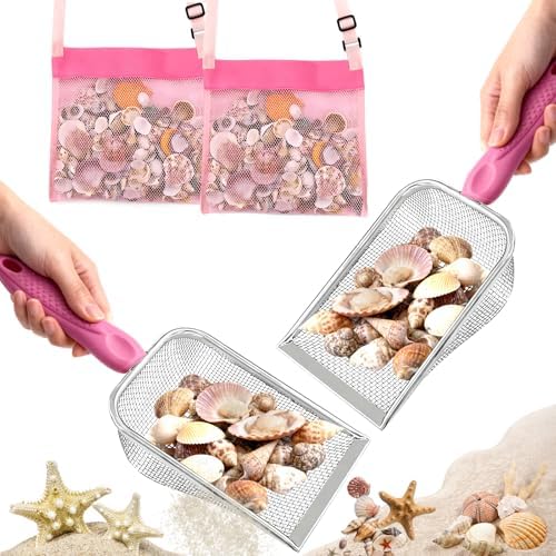fethwoin 2Pcs Shark Tooth Sifter with 2Pcs Mesh Shell Bags, Beach Sand Sifter, Sea Shell Scooper for Beach, Sand Beach Toys for Kids, Medium, Pink by Unknown