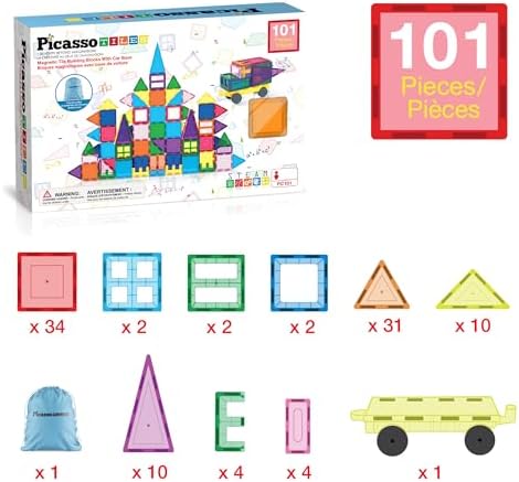 PicassoTiles 101 Piece Magnetic Tiles Building Set with Car & Bag Ages 3+ - Image 3