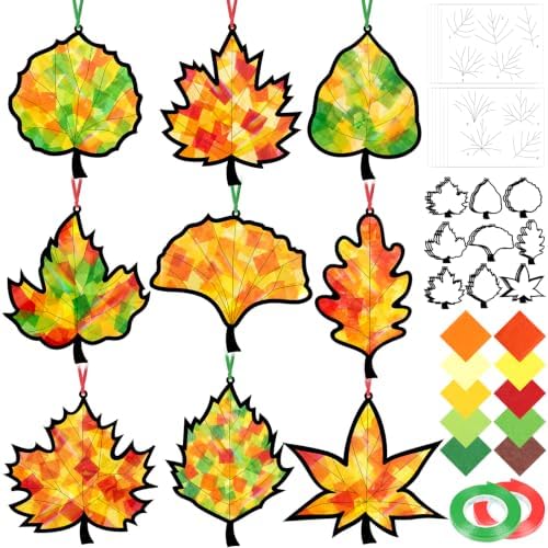 48PCS Fall Crafts Bulk: Leaves Paper Suncatchers DIY Kit for Autumn Thanksgiving Activities Decorations, Window Stained Glass Effect Art Supplies(Black,Style 2) by Renbuzhu