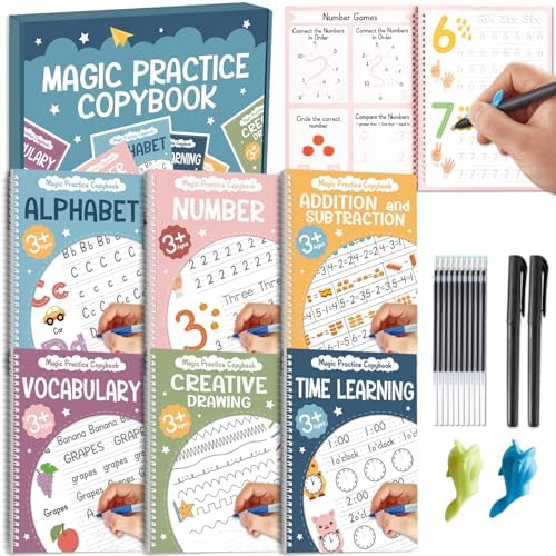 party greeting 6 Pieces Magic Grooved Writing Practice Copybook with Disappearing Ink Pens Reusable Grooved Handwriting Workbook Letter Tracing Books for Kids Kindergarten Preschool Supplies by partygreeting