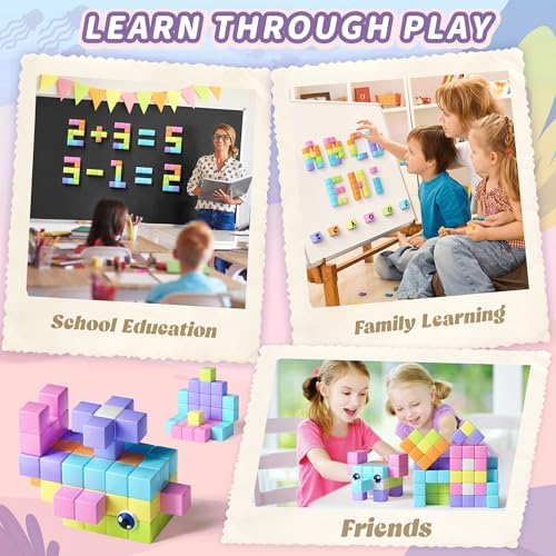 65PCS Magnetic Blocks with Magnet Eyes Toy, Magnetic Building Blocks with Storage Bag for Kids Gifts, STEM Preschool Sensory Magnetic Cubes for Toodlers Boys Girls Ages 3 4 5 6 7 8, Macaron Color - Image 6