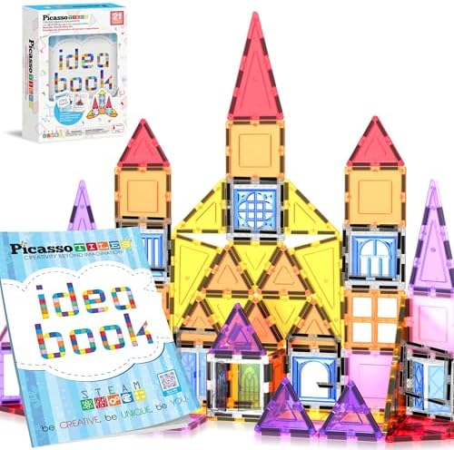 PicassoTiles Magnetic Tiles Magnet Toys Building Blocks Construction Set with 110+ Pages IdeaBook STEM Learning Playset Toddlers Educational Fun Play Kids Boys Girls Sensory Toys Ages 3+ PT03 by PicassoTiles
