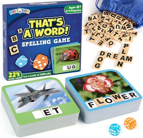 BenBen Spelling Games, 224 Flashcards, 208 Wood Letter Tiles, 1-4 Players, Learning Games for Kids 4-8, Educational Toys for Kindergarten 1st 2nd Grade, Preschool Classroom Must Haves by WelcometoBenBen