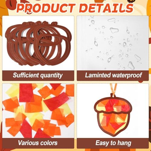 Qyeahkj 36 Set Fall Acorn Suncatchers Crafts for Kids DIY Autumn Window Tissue Paper Craft Kit Hanging Decor for Thinkgiving School Home Activity Art Project Birthday Party Favor Gift - Image 3