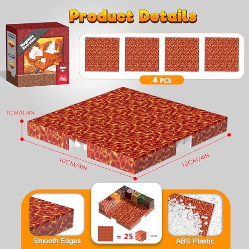 4PCS 4" x 4" Magnetic Building Block Base Plates for Kids, Strong Grip Magnetic Tiles Base Compatible with Most Popular Magnetic Blocks & Cubes, STEM Educational Toys for Boys Girls Ages 3+ (Lava) - Image 3