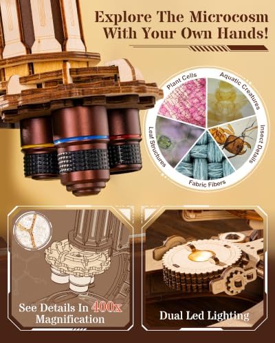 ROKR Wooden 3D Puzzle Building Kit, Real Optical Microscope with 40X-400X Magnification, STEM Science Toy for Students and Adults(ST005) - Image 3