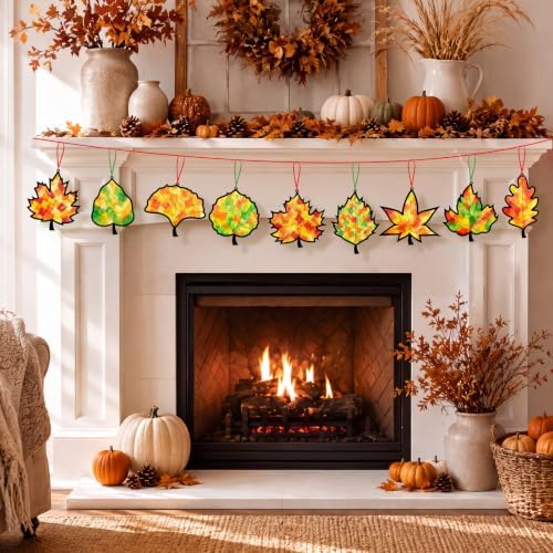 48PCS Fall Crafts Bulk: Leaves Paper Suncatchers DIY Kit for Autumn Thanksgiving Activities Decorations, Window Stained Glass Effect Art Supplies(Black,Style 2) - Image 3