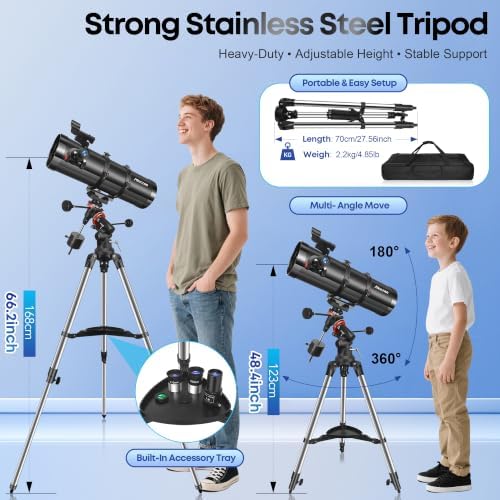 MEEZAA Telescope, 150EQ Newtonian Reflector Telescope for Adults Astronomy Beginners, Professional Astronomical Telescopes with Equatorial Mount, Tripod, Phone Adapter, Moon Filter and Large Carry Bag - Image 5