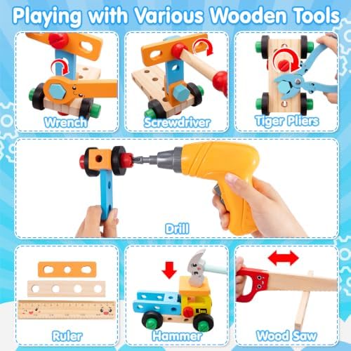 59Pcs Kids Tool Set with Electric Drill, Montessori Wooden Toys Kit - Image 3