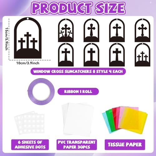 QOUBAI 32 Sets Cross Suncatchers Craft Kit DIY Religious Window Stained Glass Effect Christian VBS Paper Hanging Ornament Kid Easter Sunday School Birthday Gift Creative Art Project Activity Game - Image 2