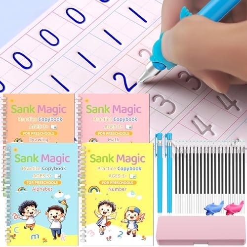 Grooved - 4 children's magic copybooks, Four-in-one pink pencil case set, magic grooved writing practice for kids, magic disappearing writing practice, grooved handwriting practice for kids. by WANFRES