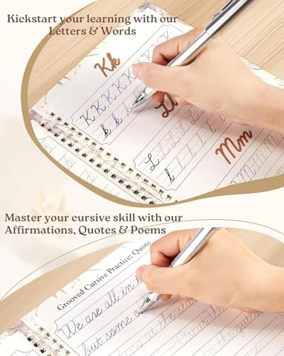 UNCLE EJ® Grooved Cursive Handwriting Workbook Kit - Reusable Cursive Workbook for Kids 8-12 and Adults, Magic Grooved Handwriting Practice, Letters Words Poetry & Affirmations, Cursive Charm, 9.8"x7" - Image 4