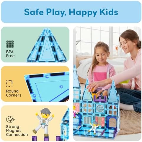 PicassoTiles 72 Piece Magnetic Building Tiles Castle Winter Ice Theme Construction Magnet Block Set with Princess Prince Character Stairs Windows Doors STEM Learning Educational Toy Kids Ages 3+ PT72 - Image 6