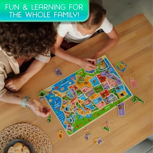 Montessori Mama USA Map Wooden Puzzle, Puzzles for Kids Ages 4-6 Educational Toys for 4 Year Old Kids Puzzles Ages 5-8 Landmarks, Animals, Capitols and States - Image 3