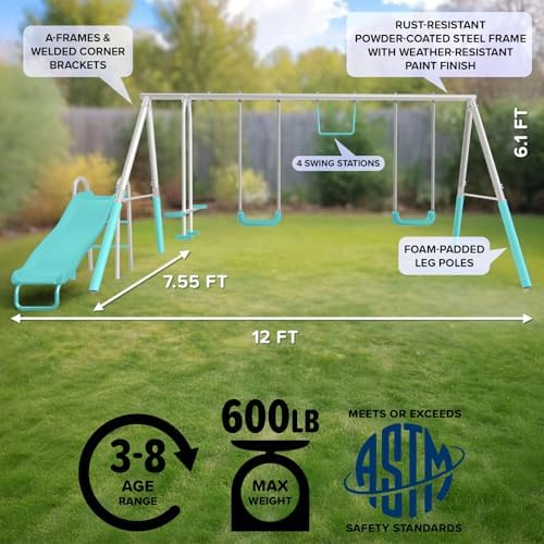 Sportspower Arcadia Metal Swing Set with Trapeze, 2-Person Glider, 5ft Slide, Anchor Kit, 6.1ft Durable Steel Frame – Outdoor Backyard Playset with 600 lbs Capacity (Teal) - Image 6