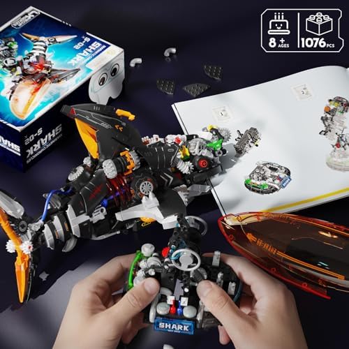 Punk Style Shark Building Set with Light, 1076-PCS Articulated Mechanical Jaws Fish Model with Display Stand, Ocean Predator Kit for Kids 8+ and Adults, Birthday for Marine & Mech Fans - Image 5