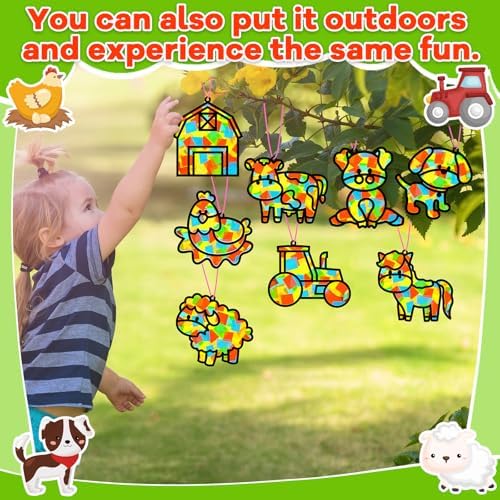 QOUBAI 32 Sets Farm Animals Suncatchers Craft Kit DIY Window Stained Glass Effect Cow Horse Chicken Paper Craft Home School Classroom Decoration Kid Birthday Gift Creative Art Project Activity Game - Image 6
