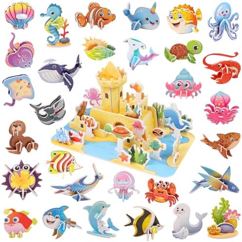 CCINEE 3D Puzzles for Kids, Cartoon Paper Puzzles Toy Gift Set for Girls and Boys Educational DIY Jigsaw Puzzle 30Pcs Mini Ocean Animals 1 Pack Sea World House for School Classroom Craft by CCINEE
