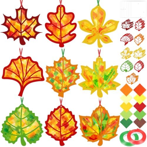 Renbuzhu 48PCS Fall Crafts Bulk: Leaves Pumpkins Paper Suncatchers DIY Kit for Autumn Thanksgiving Activities Decorations, Window Stained Glass Effect Art Supplies(Colorful Style) by Renbuzhu