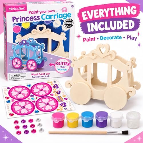 Works of Ahhh... Princess Carriage Wood Paint Kit - Classic Craft Set for Kids - Includes Paint, Glitter, Gem Stones - Ages 4+ - Princess Crafts & Carriage Toy - Image 3