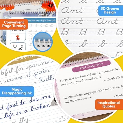 Grooved Cursive Handwriting Workbook for Kids & Adults,Magic Reusable Grooved Cursive Handwriting Practice Guided Tracing with Disappearing Ink,Cursive Writing Practice Book with Words Letters Quotes - Image 4