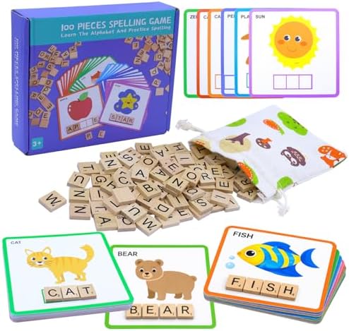 Spelling Game for Kids Ages 3-8, Word Building & Sight Word Games, Phonics Learning Toy with 100 Wooden Letter Tiles & 30 Double-Sided Flashcards, Preschool Kindergarten Early Reading Game by Humerry