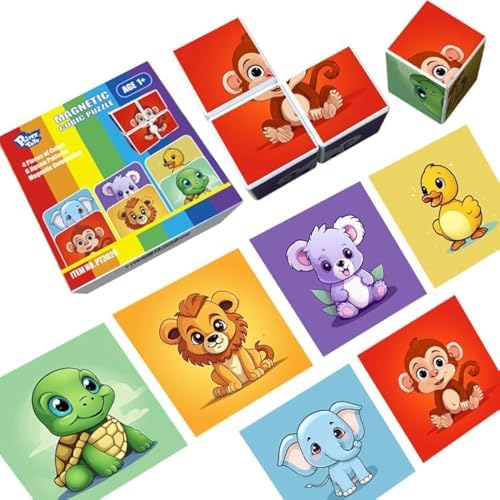Pairez Toys 3D Magnetic Cubic Jigsaw Puzzle Toys for Toddlers, Large Building Blocks Cubes 1.65 Inches, Integrated with Magnets, 6 Patterns in Animal Theme by PairezToys