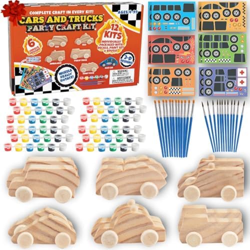 Kids Paint Your Own Wooden Car Craft Kits (12 Pack) – DIY Wood Painting Art Kits, Individually Wrapped w Paint, Brush & Bonus Decal Stickers – Party Favors, Classroom Crafts, Bulk Kids Activities by SCSDirect