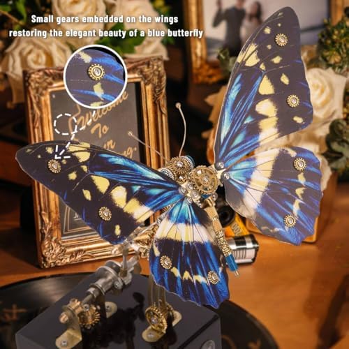3D Metal Puzzle Mechanical Butterfly Insect Bug Model with Music Box, Steampunk Home Office Desk Decor, Collectible DIY Hand Craft Kit for Adults - 300+PCS Blue - Image 3