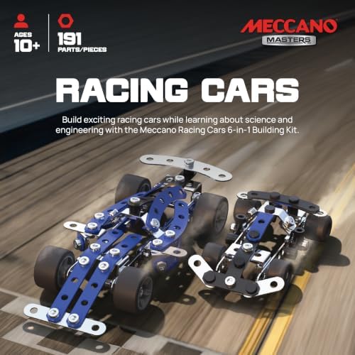 MECCANO Masters 6-in-1 Race Cars Building Toys - Engineering Construction Kit with 191 Parts, Real Tools, Advanced Building Challenges, Birthday Gifts for Ages 10+ - Image 2