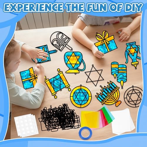 QOUBAI 32 Sets Hanukkah Suncatchers Craft Kit DIY Window Stained Glass Effect Chanukkah Paper Crafts for Home School Classroom Decoration Kid Birthday Gift Creative Art Project Activity Game - Image 4