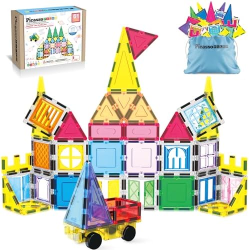 PicassoTiles Magnetic Tiles 61 Piece Magnet Tile Building Blocks Construction Sensory Toy Set with Carry Bag Storage Bin Container STEM Toddler Learning Educational Pretend Play Boy Girl Ages 3+ PT07 by PicassoTiles