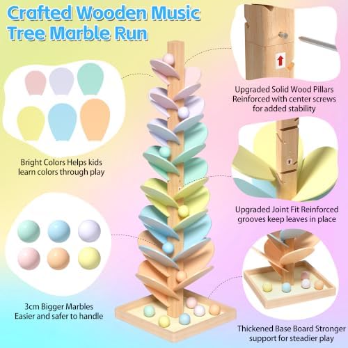 Gotoofun Wooden Marble Run Music Tree, Montessori Rainbow Singing Tree with 12 Extra-Large 3cm Balls, Color Sorting STEM Learning Toy, Wooden Ball Run Game Gift for Kids Ages 3+ - Image 4