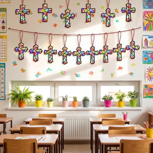 Renbuzhu 48PCS Sunday School VBS Crafts Bulk: Paper Cross Nativity Suncatchers, Jesus Religious Christian Activity DIY Kits Church Decorations, Window Stained Glass Effect Art Supplies - Image 2