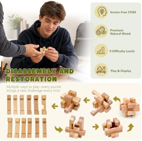VolksRose 9pcs Wooden Brain Teaser Puzzles, IQ Challenge Puzzle Games, Logic Mind Puzzle Box Lock Toy Disentanglement 3D Small Brain Puzzle Gift Set for Adults Teenagers Kids, 1.8inch 4.5cm - Image 3
