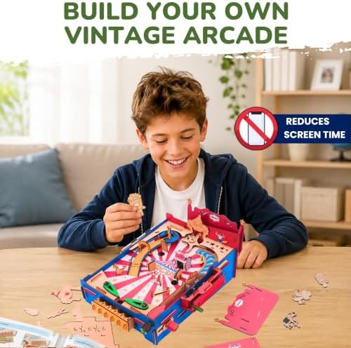 DIY Pinball Machine for Kids, Vintage Circus 3D Wooden Puzzle Toy, STEM Arcade Game Building Model Kit, Birthday Gifts for Boys and Girls Ages 8+ & Adults - Image 2