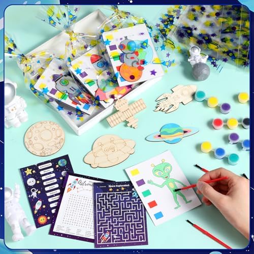 Pasimy 162 Pcs Space Party Favors Solar System Craft Kits Party Supplies Space Birthday Painting Kit Watercolor Card Wooden Cutout Galaxy Goodie Bag for Astronaut Planet DIY Project Activities(Planet) - Image 3